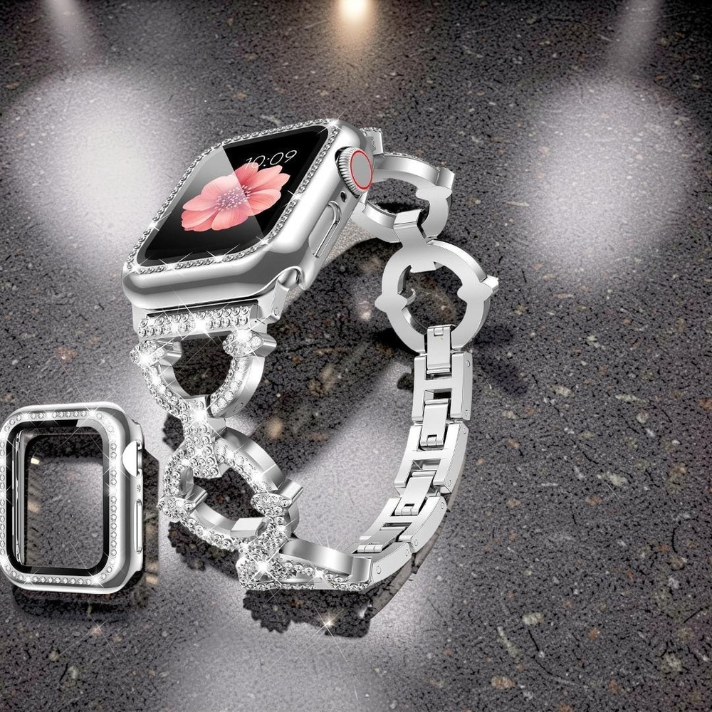 Silver Rhinestone Jewelry Band and Bumper Case for Apple Watch Sparkle Link